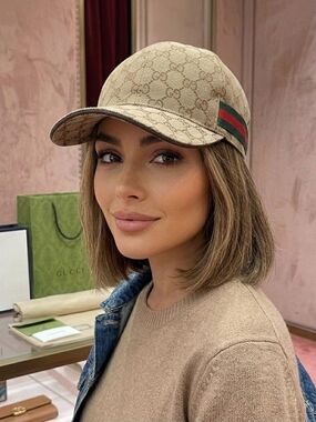 Gucci Beige GG Monogram Cap with Green-Red Web